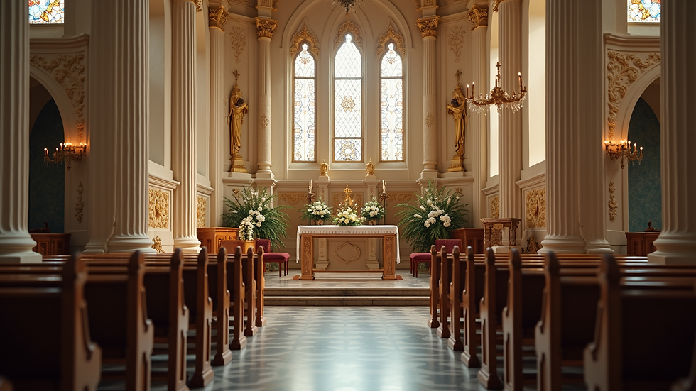 Eye-level view of a church altar with floral decorations