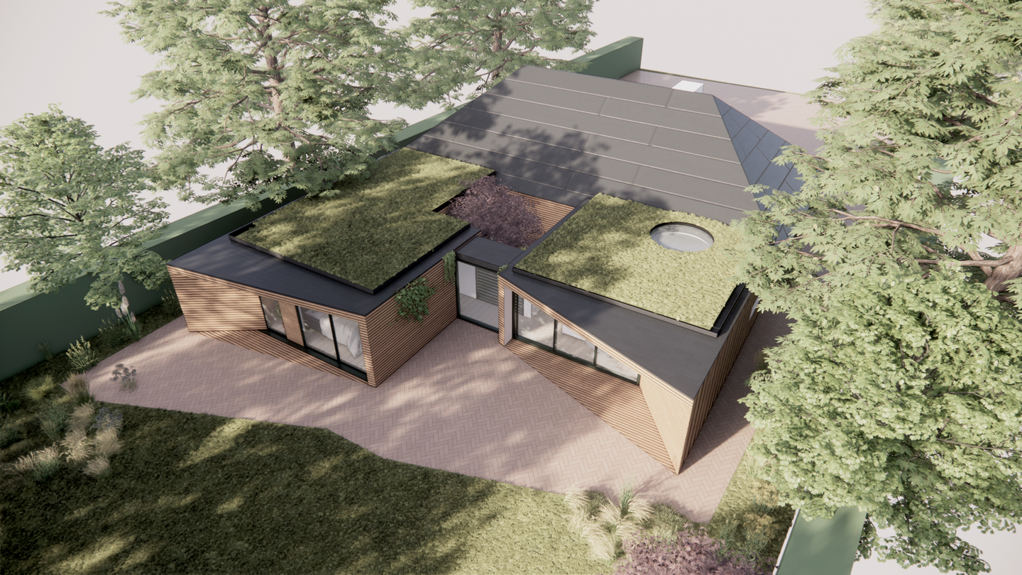 an aerial view of a house with a green roof, extension and renovation greyshott hampshire
