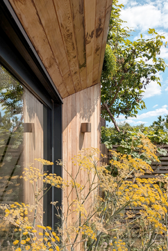 Overhang larch cladding detail, eco sustainable extension and renovation design, godalming surrey