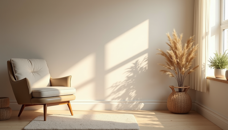 Eye-level view of a calm therapy room with a comfortable chair and soft natural light