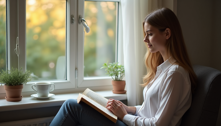 Eye-level view of a person sitting by a window with a book and a cup of tea, reflecting calmness during turbulent times