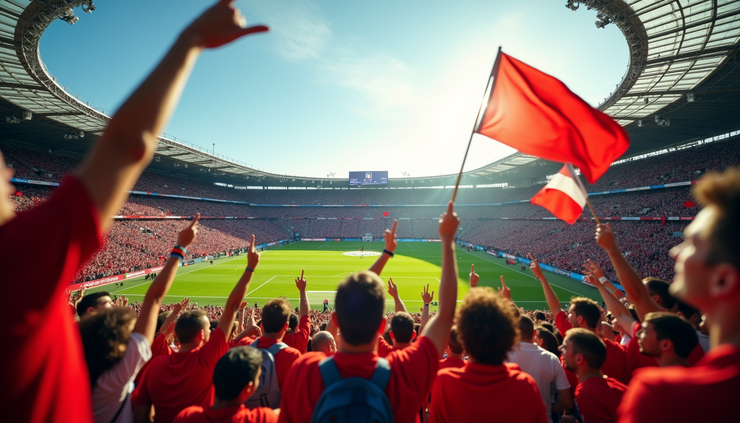 Eye-level view of a crowded stadium filled with fans waving flags during a World Cup match