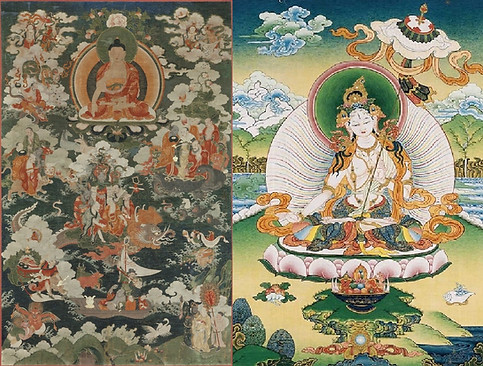 Buddha Shakyamuni and White Tara thangka illustrating Six Paramitas course by Clive Holmes teacher of meditation and Buddhism.
