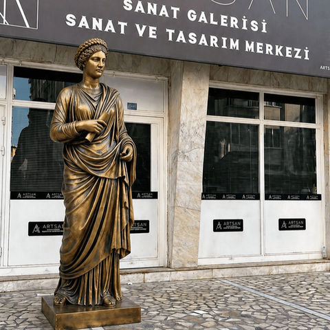 Klasik dönem giysileri içinde, elinde parşömen tutan, altın ve antik patina yüzey bitirmeli kadın heykeli.