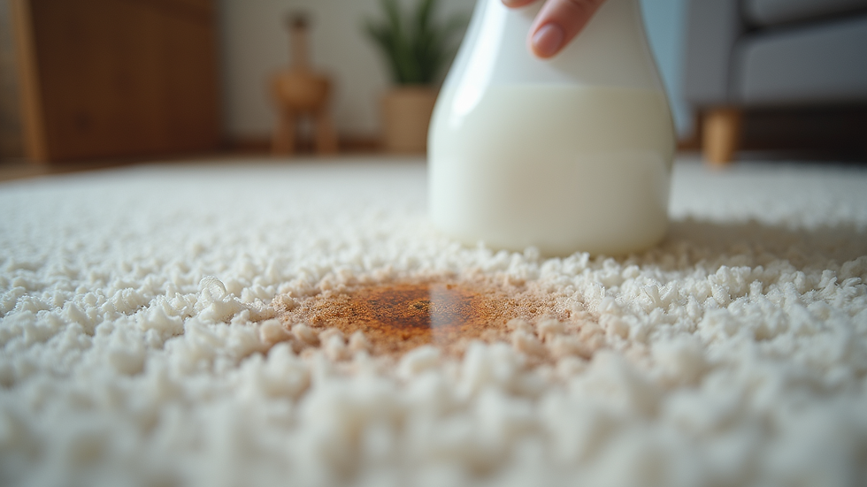 Eye-level view of carpet with a stain being treated with cleaning solution