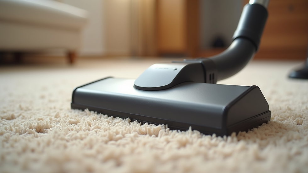 Close-up view of vacuum cleaner head on beige carpet