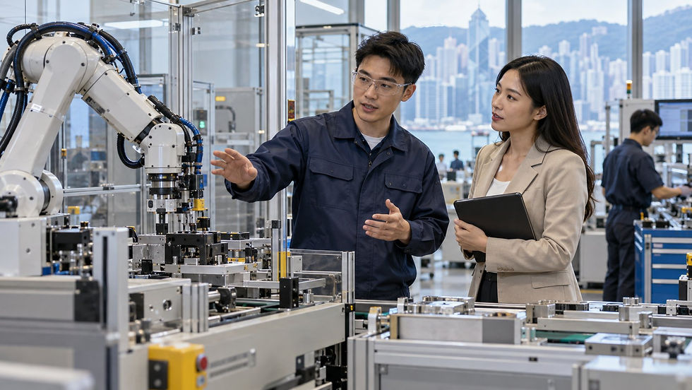 A technical specialist showing a robotic production cell to a prospective employer in a clean working factory in Hong Kong