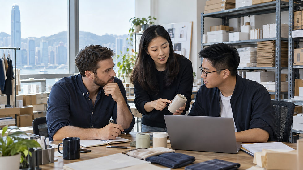 Small Hong Kong business team planning recruitment in a working product and fulfilment office