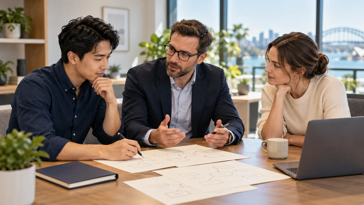 An applicant and two colleagues discuss abstract planning papers around a meeting table; AI illustration, not a partner employer.