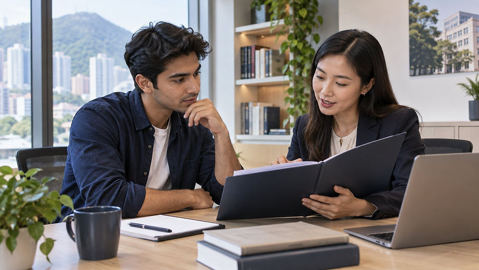 An international graduate discussing an unmarked qualification folder with a university careers adviser in a quiet campus office in Hong Kong