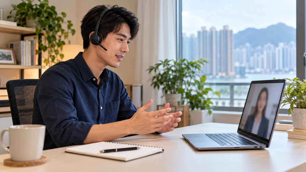 An applicant wearing a headset attends a laptop video interview at a cream home-office desk; AI illustration.