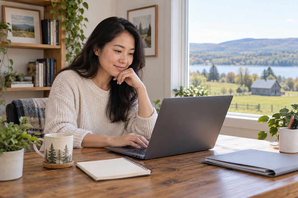 Professional preparing a CV on a laptop at a bright home desk with a notebook and document folder.