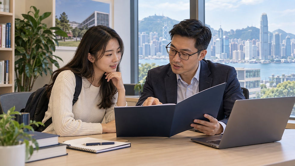 An international graduate discussing an unmarked qualification folder with a university careers adviser in a quiet campus office in Hong Kong