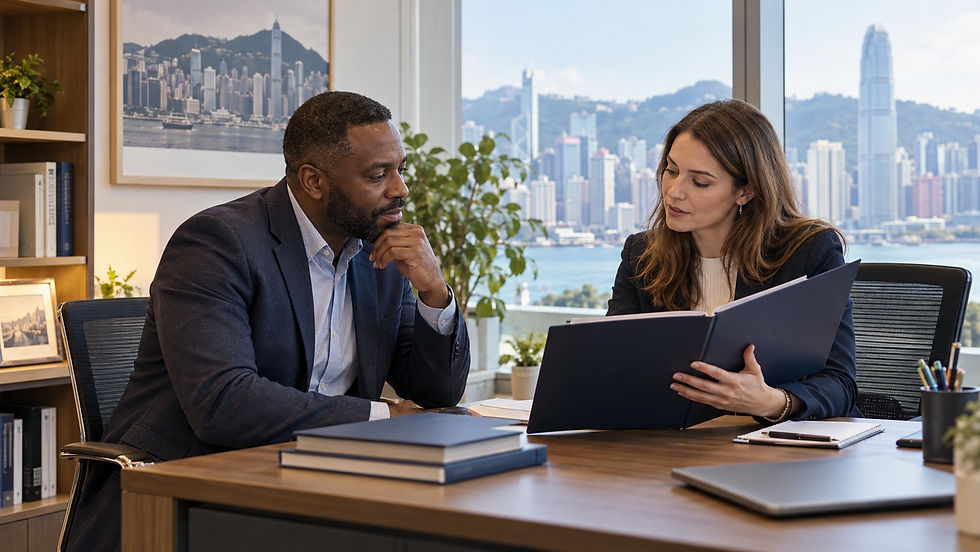 An international graduate discussing an unmarked qualification folder with a university careers adviser in a quiet campus office in Hong Kong