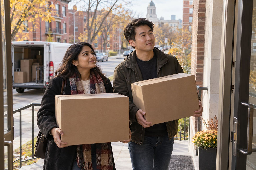 Two graduates carrying moving boxes into an apartment building in Winnipeg.