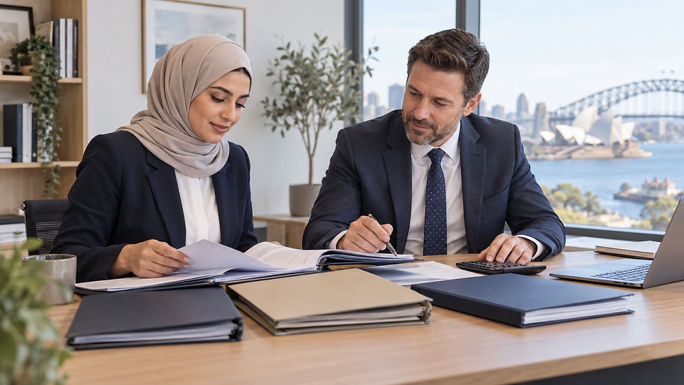 An investor and a financial professional reviewing several separate unmarked asset folders with a calculator in a calm office in Australia