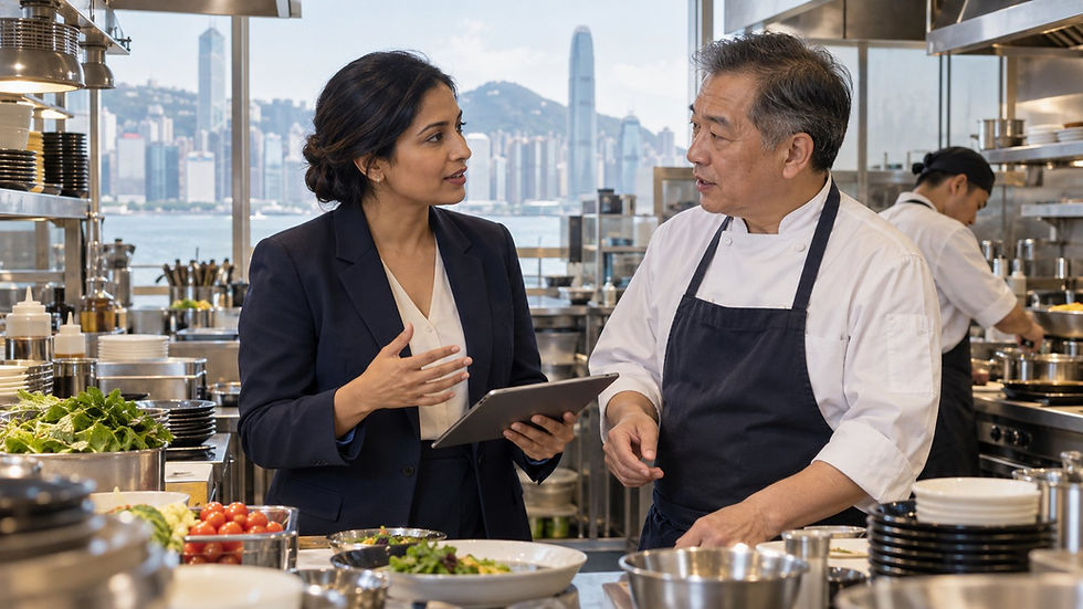 A culinary professional discussing a genuine kitchen operation with the business owner in a clean restaurant kitchen in Hong Kong