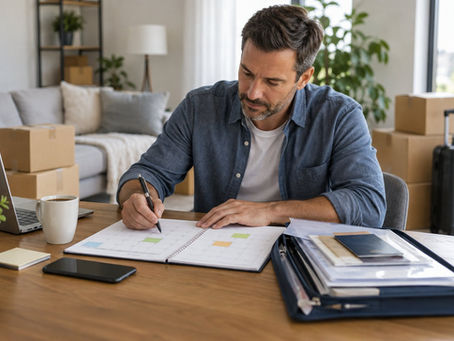 An adult professional around forty preparing a relocation calendar and personal document folder
