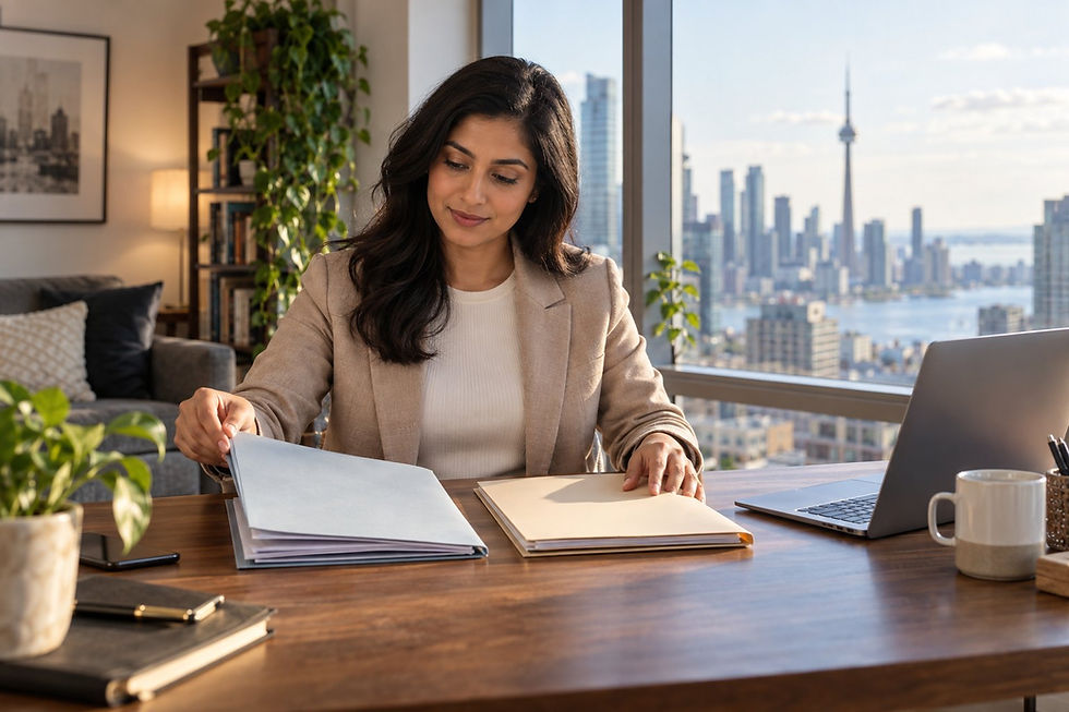 International professional organising old application records at a Toronto home office