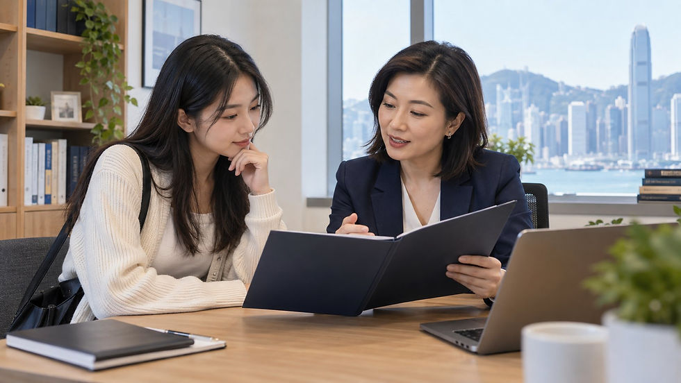 An international graduate discussing an unmarked qualification folder with a university careers adviser in a quiet campus office in Hong Kong