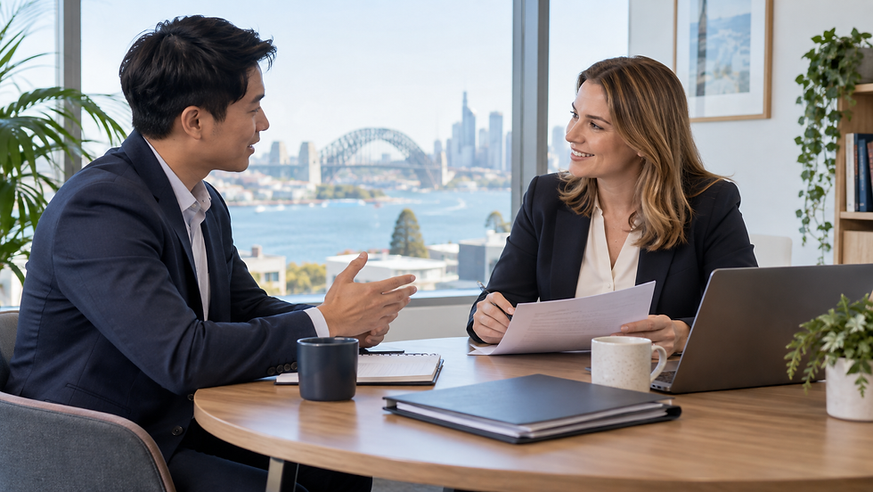 An international employee discussing a specific job offer with a human resources manager at a small meeting table in Australia