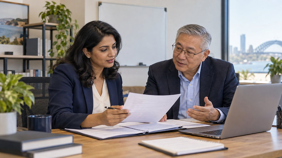 An experienced international professional comparing original career records with an adviser in a modest office with a plain unmarked planning board in Australia