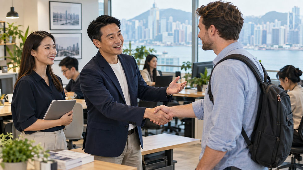 A small business owner welcoming an overseas specialist to an active workplace with local colleagues working in the background in Hong Kong