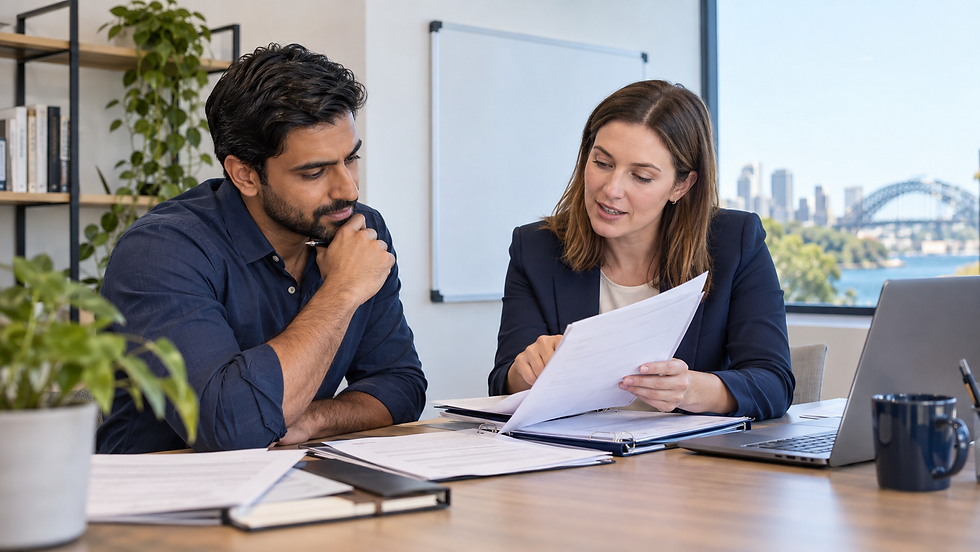An experienced international professional comparing original career records with an adviser in a modest office with a plain unmarked planning board in Australia
