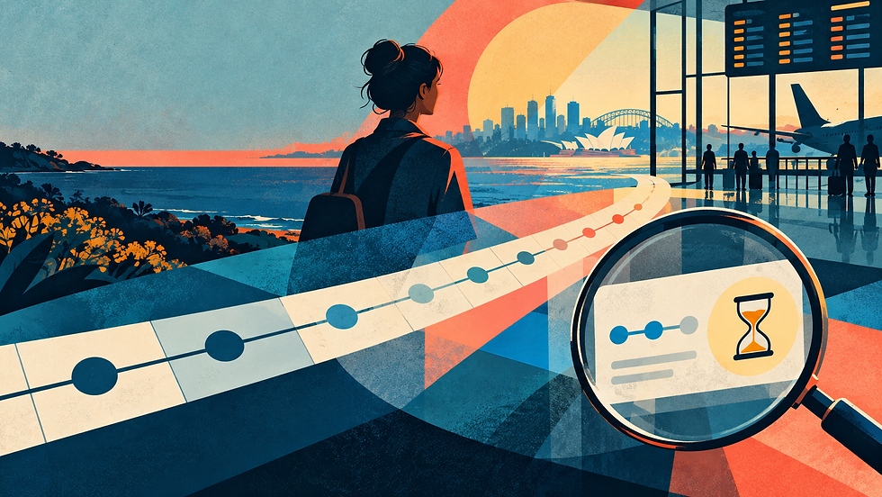 A geometric screenprint illustration of a calendar timeline, pending status card and magnifier for checking Australian Visitor visa 600 processing estimates.