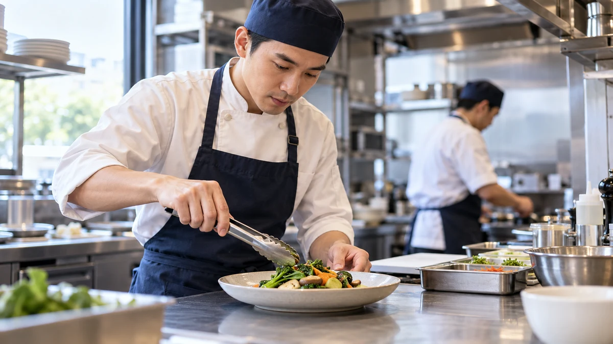 A chef in an off-white jacket, navy apron and kitchen cap uses tongs to finish a vegetable dish at a stainless-steel counter; AI illustration.