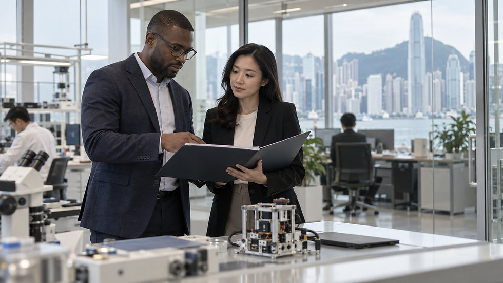 Hong Kong technology founder and research lead reviewing an R&D project beside a prototype