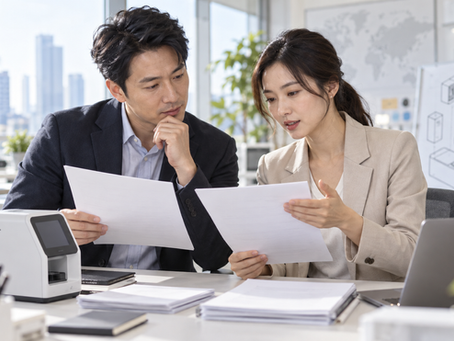 醫材創辦人與專業人士核對產品及研發資料的情境配圖