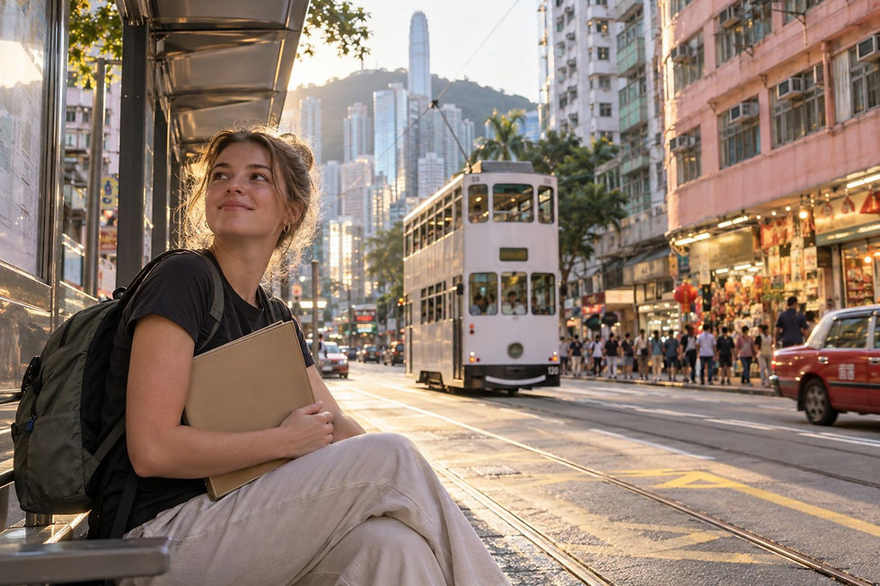 Young Australian traveller with a backpack and travel folder beside a tram in a Hong Kong street