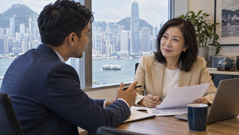 An international employee discussing a specific job offer with a human resources manager at a small meeting table in Hong Kong