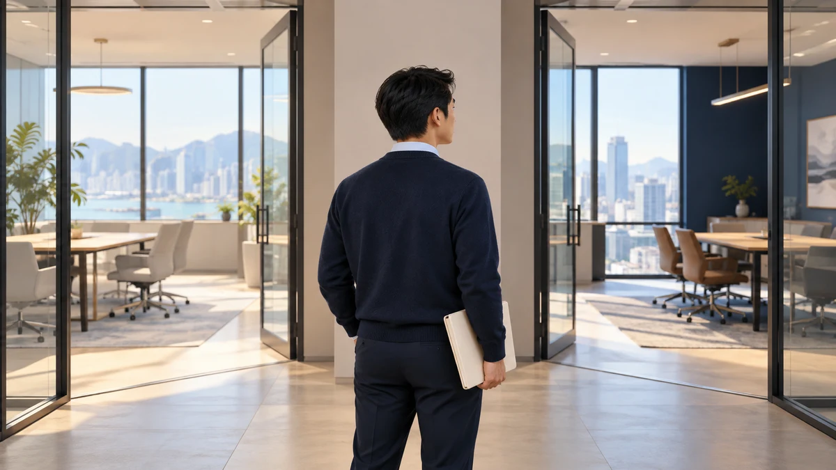 A professional holding a plain folder stands between two glass meeting-room entrances; AI conceptual workplace illustration.