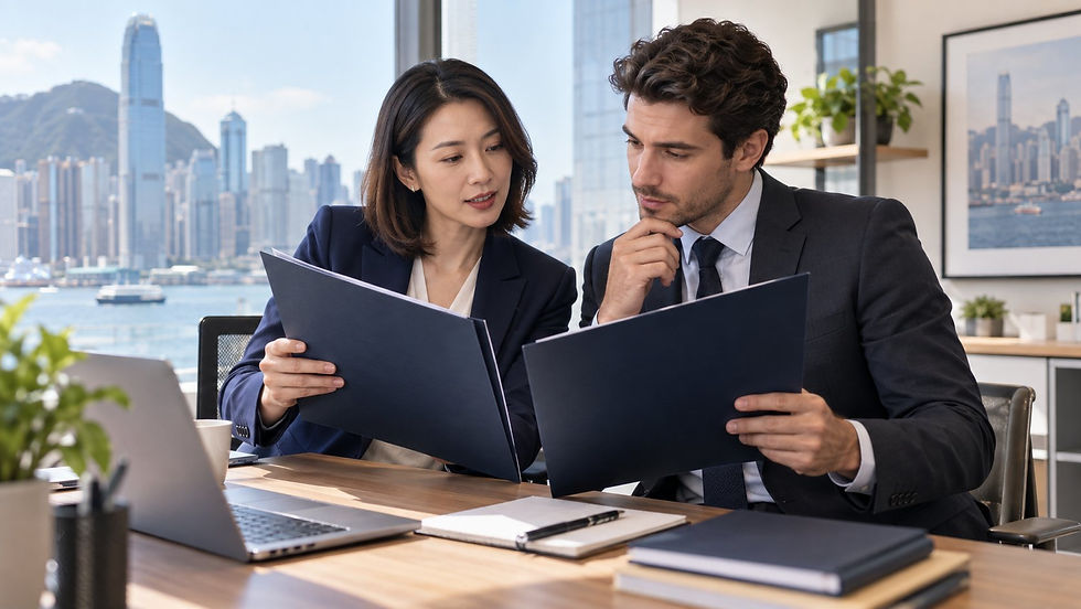 An employer and an overseas professional comparing two unmarked employment folders in a bright everyday company office in Hong Kong