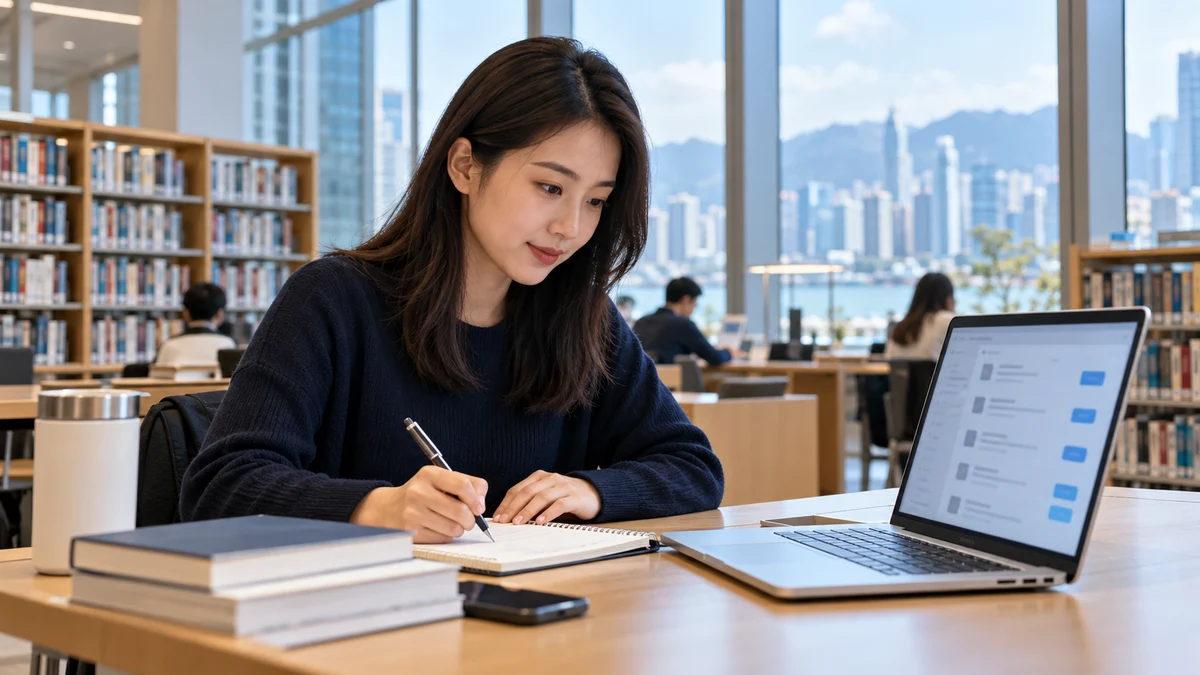 A woman reviews job-search notes beside a laptop in a sunlit city library; AI illustration.