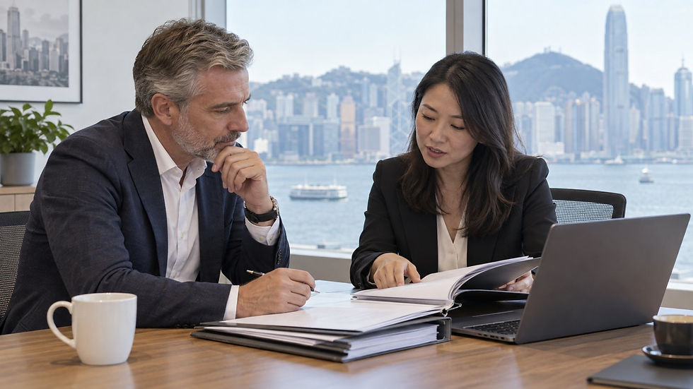 International business owner and Hong Kong adviser reviewing sale completion folders in a harbour office
