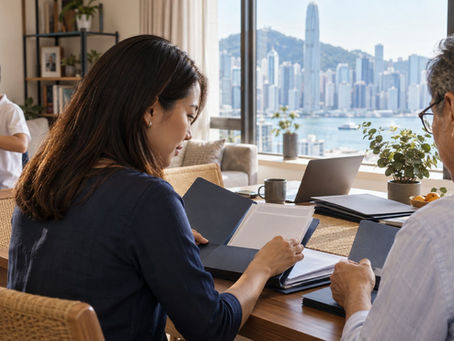 An international family arranging separate unmarked document folders at a sunny home dining table while a school age child packs a school bag nearby in Hong Kong