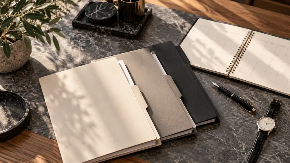 Folders, a notebook and a watch; an illustrative editorial scene.