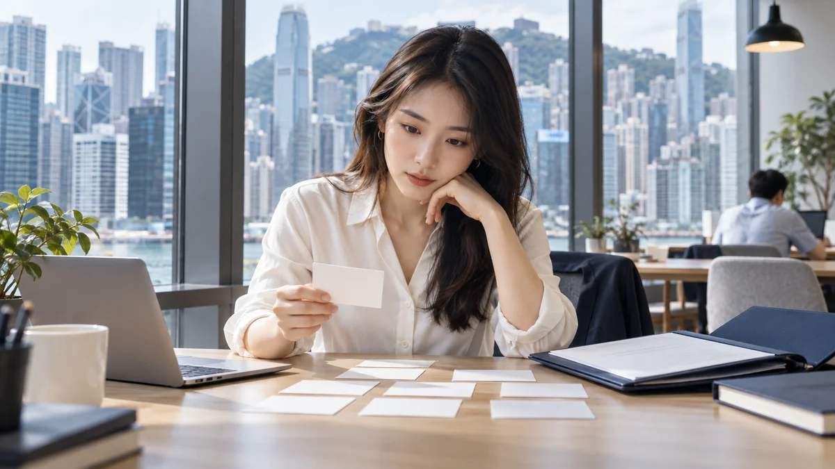 A woman organizes blank shortlist cards beside a laptop and navy folder in a Hong Kong city workspace; AI illustration.