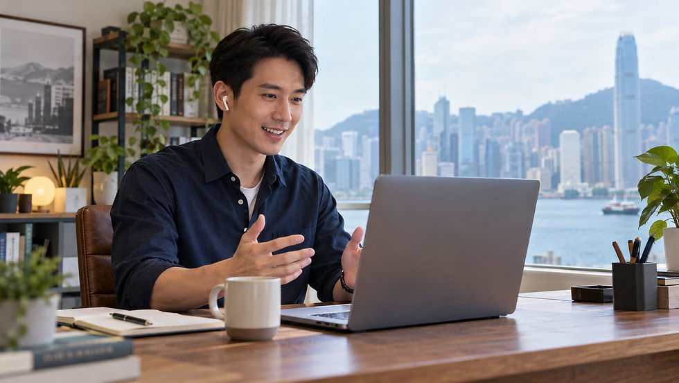 An international professional having a video consultation at a home desk with the laptop display turned away from the camera in Hong Kong