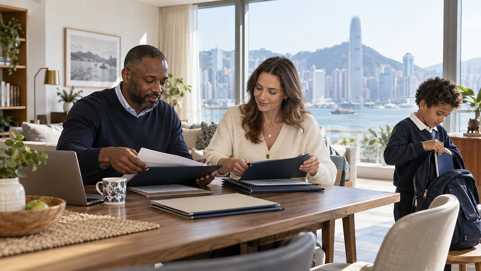 An international family arranging separate unmarked document folders at a sunny home dining table while a school age child packs a school bag nearby in Hong Kong