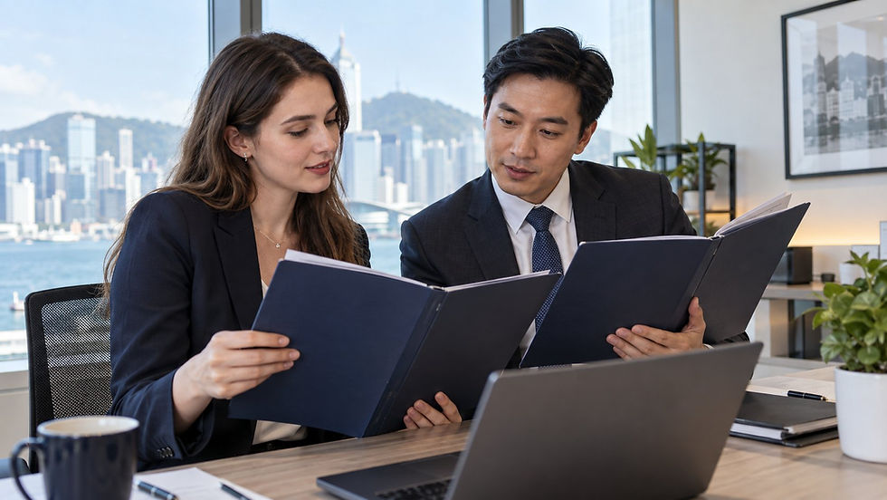 An employer and an overseas professional comparing two unmarked employment folders in a bright everyday company office in Hong Kong