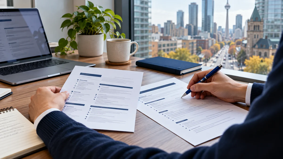 Hands revise resume drafts at a desk beside a laptop and a window overlooking a city street; AI illustration.