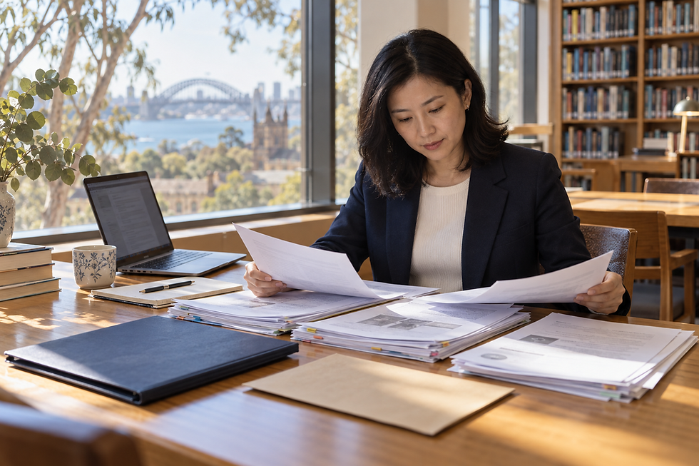 研究員在大學圖書館整理論文、研究資助及學術成果文件,示意澳洲NIV科研成就證據準備