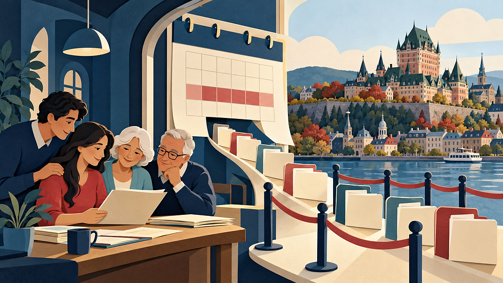 Editorial illustration of a family checking a Quebec intake calendar beside a limited application queue and cityscape.