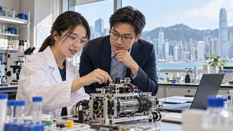 A researcher and an industry colleague examining a practical scientific prototype in a bright university laboratory in Hong Kong