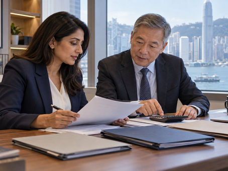An investor and a financial professional reviewing several separate unmarked asset folders with a calculator in a calm office in Hong Kong