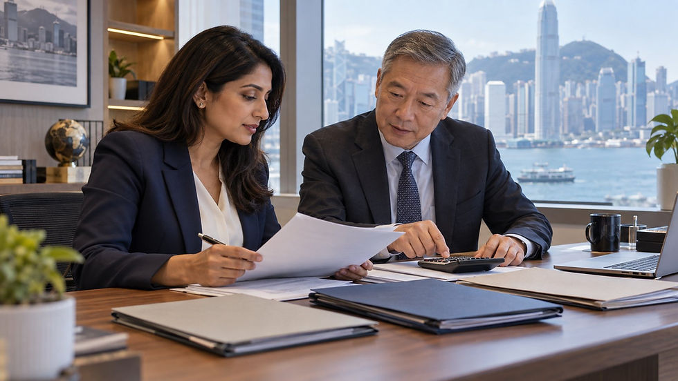 An investor and a financial professional reviewing several separate unmarked asset folders with a calculator in a calm office in Hong Kong